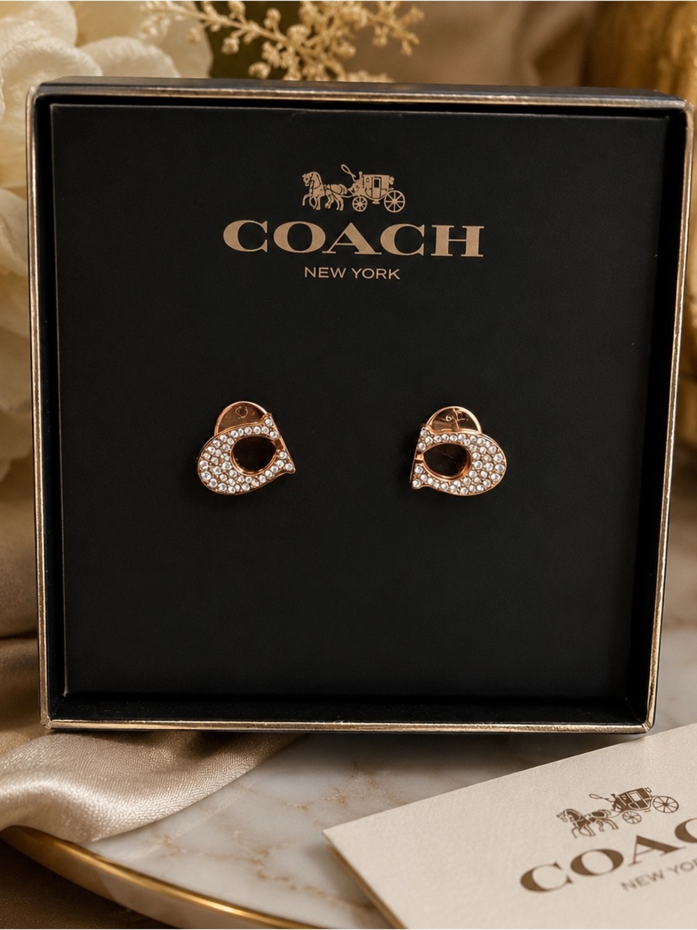 COACH Rose Gold Crystal 'C' Logo Mini Stud Earrings